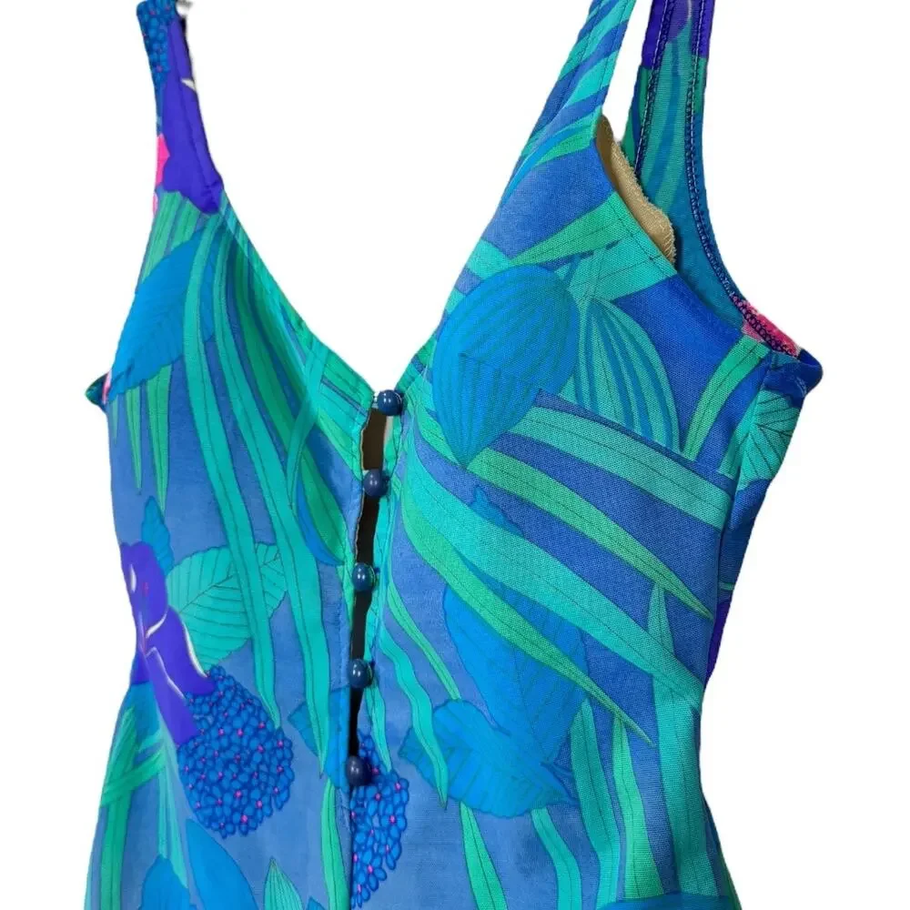 Vintage 1960s Cole Of California Swimsuit 16 One Piece Floral Print Blue Romper - Picture 5 of 7